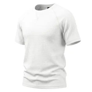 Waffle knit texture detail of mens casual solid color breathable short sleeve t-shirt.