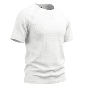 White waffle knit short sleeve t-shirt detail, breathable crewneck casual mens top.