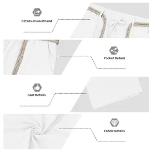Vista detallada de pantalones casuales de lino para hombre con cintura elástica y bolsillos.