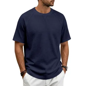 Men waffle knit short sleeve t-shirt casual crewneck solid color breathable summer top