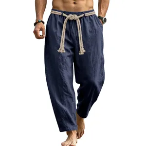 Pantalón casual de lino para hombre detalle, pantalón de verano transpirable con cordón.