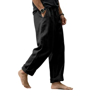 Pantaloni casual neri in lino da uomo dettaglio mostra vestibilità comoda e traspirante.