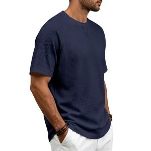 Men's casual waffle knit short sleeve t-shirt breathable crewneck solid color basic tee