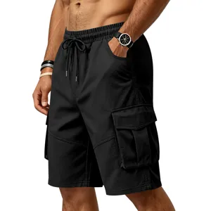 Pantalones cortos cargo negros para hombre con múltiples bolsillos, ropa deportiva.