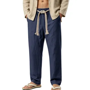 Pantalones casuales de lino para hombre verano transpirables rectos cordón vacaciones