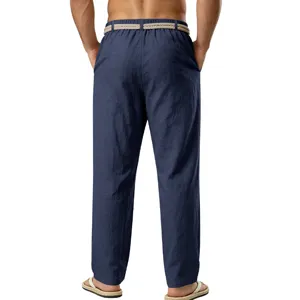 Pantalón casual de lino para hombre verano transpirable pierna recta cordón vacaciones