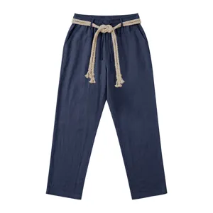 Pantalón recto casual de lino para hombre verano transpirable de playa con cinturón cuerda.