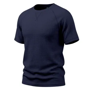 Men short sleeve waffle knit t shirt dark navy casual crew neck breathable summer top.
