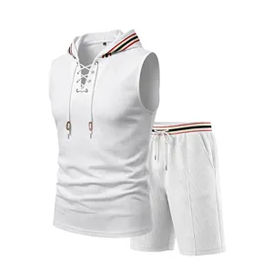 Men summer casual sleeveless hoodie and shorts set white streetwear track suit knit trim