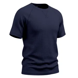 Close-up of the mens waffle knit short sleeve t-shirt, showing breathable texture and crew neck.