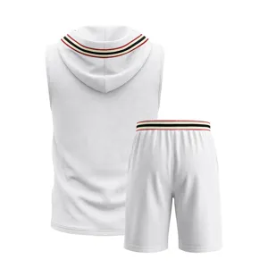 Back view details of the white sleeveless hoodie and shorts set featuring striped ribbed trim.