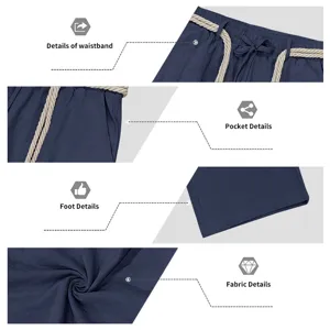 Primer plano de los detalles de pantalones de lino para hombre mostrando cintura, bolsillos y tela.