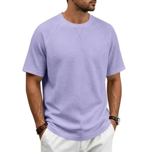 Men casual waffle knit t-shirt solid color short sleeve comfortable breathable summer top