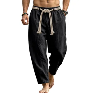 Pantalones casuales de lino negro para hombre con cordón de cuerda beige, verano.