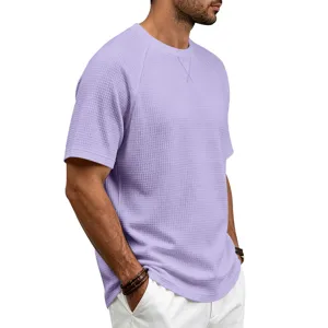 Men's casual waffle knit crew neck short sleeve T-shirt in lavender, breathable plus size top.