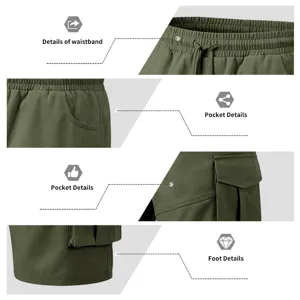 Vista detallada del pantalón corto cargo casual para hombre con cintura elástica y bolsillos.