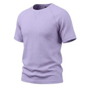 Men casual waffle knit crewneck short sleeve t-shirt in light purple, breathable and stylish.