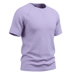 Men lightweight breathable waffle knit short sleeve t-shirt close up detail view style.