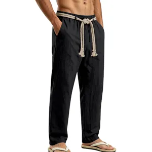 Pantalones Hombre Lino Negro Casual Cordón Recto Verano Playa Vacaciones Pantalón