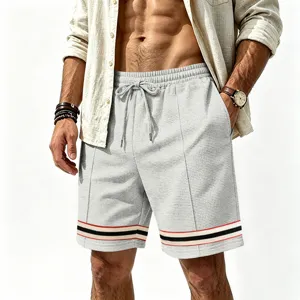 Men casual waffle shorts summer loose fit drawstring sporty five-quarter trousers detailed view