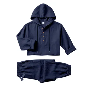 Men's Summer Linen Hooded Casual Beach Set Breathable Long Sleeve Henley Shirt Shorts