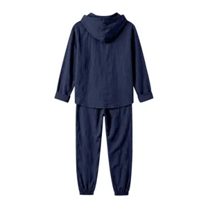 Men's dark blue linen hoodie and long pants lounge set, breathable casual detail view.