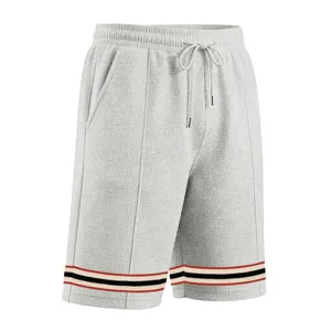 Men grey waffle knit shorts casual athletic shorts with striped hem casual sportswear.
