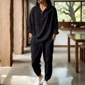 Men's casual linen hooded henley shirt and matching long pants set summer breathable beach wear.