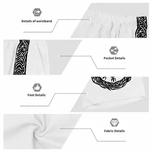 Men casual white linen shorts detail view featuring unique vintage printing and comfortable waistband.