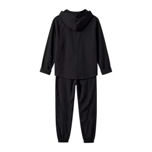 Men's black casual hooded top and long pants set, breathable summer loungewear outfit.