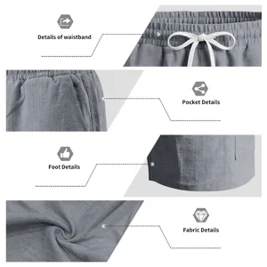 Primer plano detallado de pantalones cortos grises casuales para hombre con cintura y bolsillos.