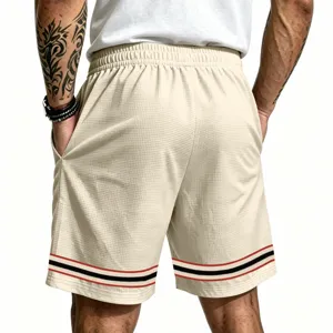 Mens casual waffle knit shorts summer athletic drawstring half pants with contrast stripes