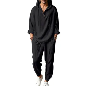 Detailed view of the men's casual linen hooded henley shirt and matching pants set in black.