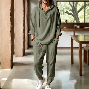 Men casual linen hooded long sleeve shirt and pants set summer beach breathable outfit