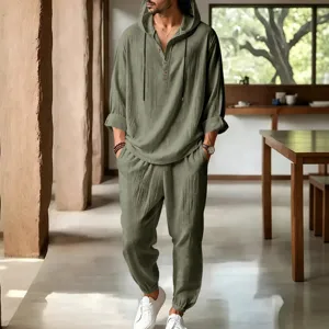 Men's casual linen hooded short sleeve shirt and long pants set for summer beach wear.