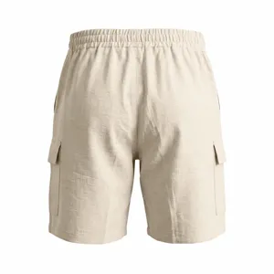Vista detallada de pantalón corto cargo casual para hombre en beige claro con cintura elástica.