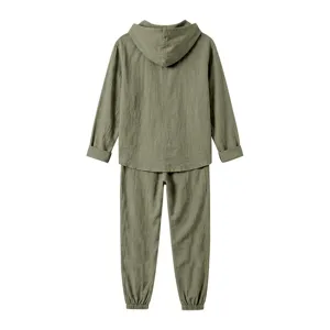 Men's Casual Linen Hooded Long Sleeve Top and Pants Lounge Set for Summer Beach.