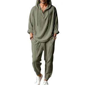 Men linen hooded outfit casual long sleeve shirt and joggers set summer beach breathable wear