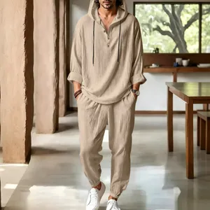 Men Casual Linen Hooded Long Sleeve Shirt and Pants Set Summer Beach Vacation Outfit
