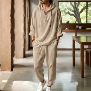 Men casual linen hooded henley shirt and long pants set summer breathable beach homewear