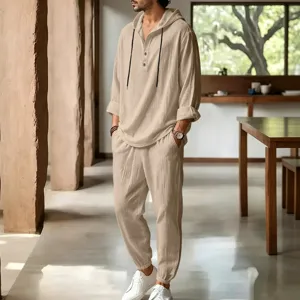 Detailed full view of men's casual linen hooded henley shirt and matching lounge pants set.