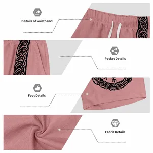 Detail view of men's linen-blend shorts waistband pocket fabric and Viking print features.
