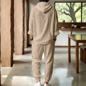 Men casual linen hooded top and long pants set, breathable summer beach outfit view.