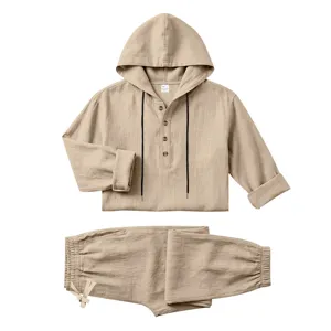 Casual men's beige linen hoodie set with long sleeves and matching lounge pants for summer.