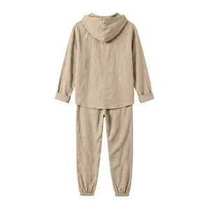 Men's casual linen hooded long sleeve shirt and pants set, breathable beach suit.