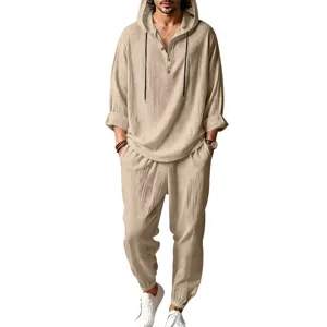 Men's casual linen hooded shirt and pants set, breathable beachwear with drawstring.