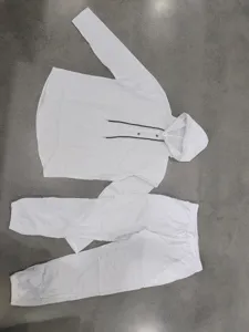 Men white hooded linen casual two piece set detail view, breathable beach shirt and pants.