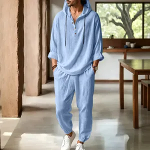 Men's casual linen hooded two-piece set, breathable long sleeve shirt and trousers for summer.