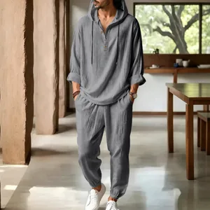 Men casual loose linen hooded long sleeve top and trousers set for summer beach and loungewear.