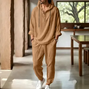 Men's casual linen hooded outfit detail view, showing breathable fabric and comfortable fit.